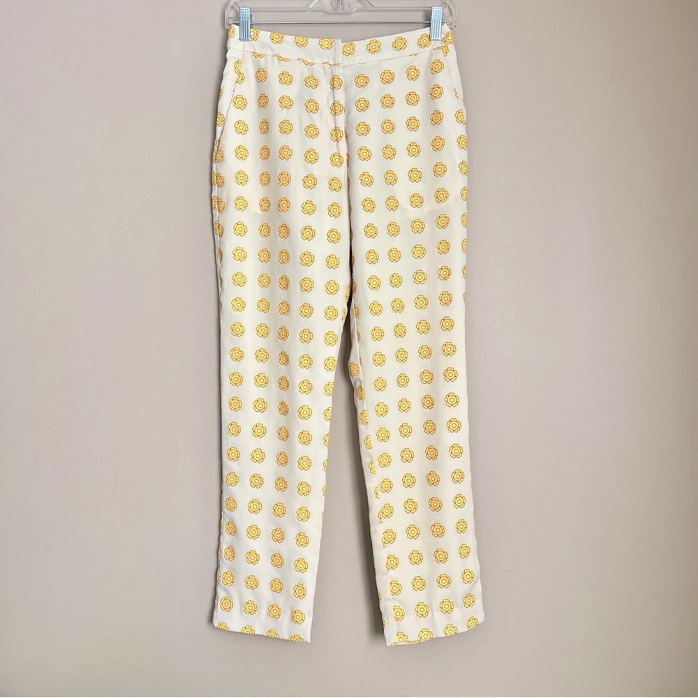 Cream & Yellow Daisy Print Silk Pants 2 Tailored Fit  Elegant Preppy Feminine